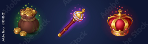 Game golden coins, scepter and royal crown props icons. Medieval money sack, king rod and corona gui design elements, assets, emperor items, gold monarchy symbols, Isolated cartoon 3d vector set