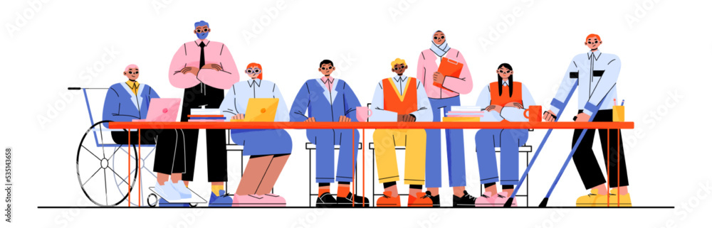 Multinational business team, group of diverse people, disabled and healthy entrepreneurs or office workers sitting at desk. Company employees work together, isolated Line art flat vector illustration Multinational business team, group of diverse people, disabled and healthy entrepreneurs or office workers sitting at desk. Company employees work together, isolated Line art flat vector illustration