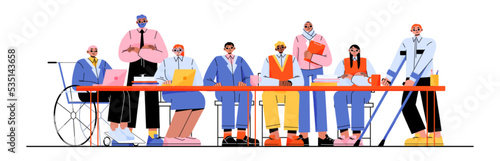 Multinational business team, group of diverse people, disabled and healthy entrepreneurs or office workers sitting at desk. Company employees work together, isolated Line art flat vector illustration