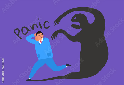 panic attack scared man run away from his shadow monster mental health vector illustration