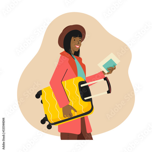 African american woman with a Suitcase and a passport with boarding pass Tickets. Travel concept. Young woman with a Suitcase in her hand. Flat vector illustration.