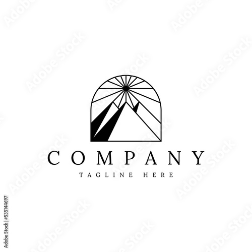pyramid with sun line art badge logo design