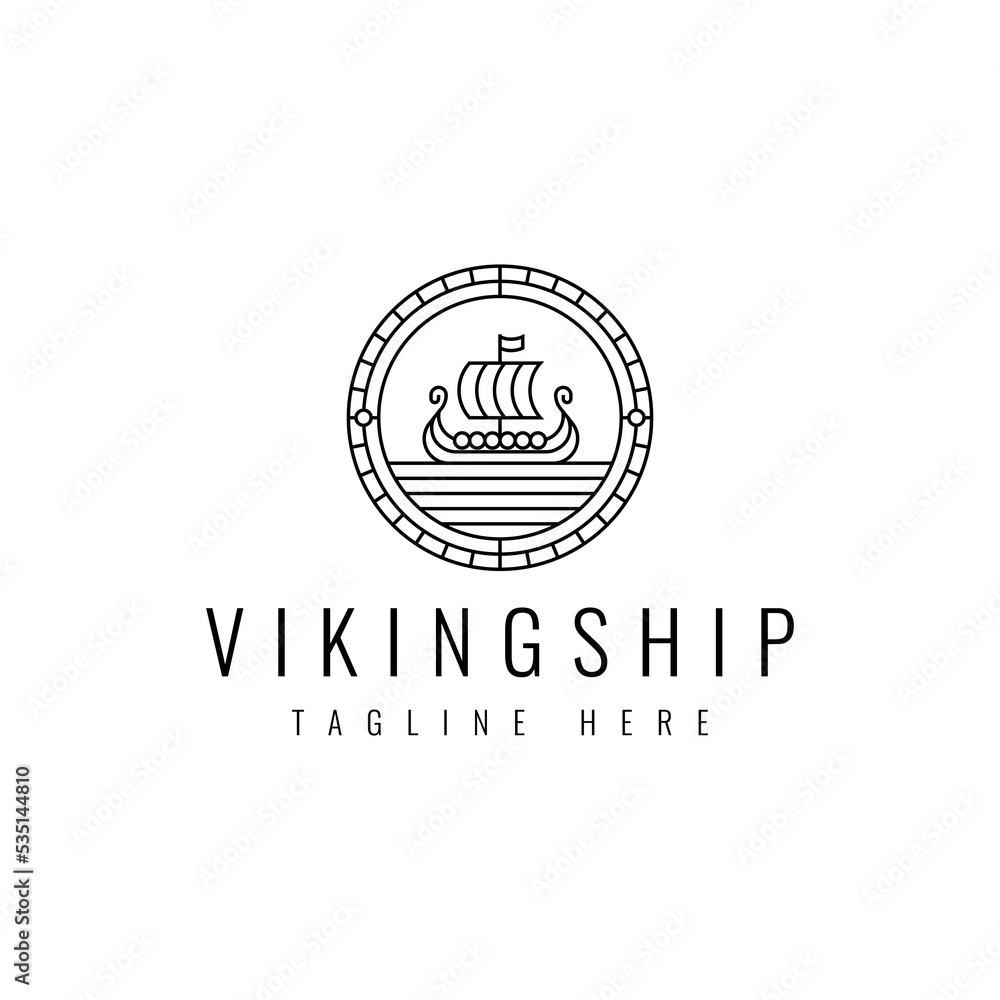 Viking ship Scandinavian line art emblem badge logo design