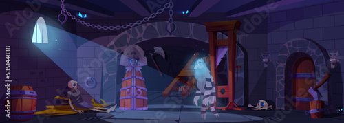 Ghost of prisoner in medieval torture room with executioner tools. Sad spook in striped robe in dungeon interior with hanging chains, iron woman and guillotine, game scene, Cartoon vector illustration