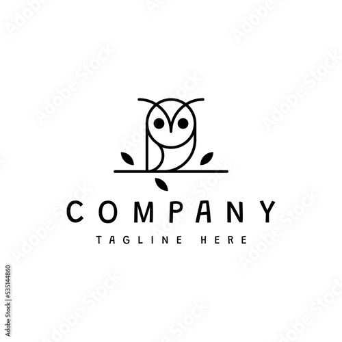 cute owl on branch line art logo design