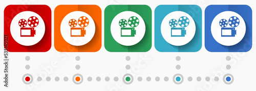 Movie camera, cinema vector icons, infographic template, set of flat design symbols in 5 color options
