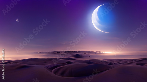 Image of a desert with a purple sky and also the moon and stars.