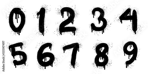 Spray painted graffiti of number on set. alphabet drip symbol. isolated on white background. vector illustration