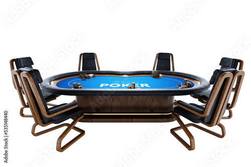 Poker table, poker room. Poker game, casino, Texas hold'em, online game, card games. 3D render, 3D illustration. Modern design, Magazine style.