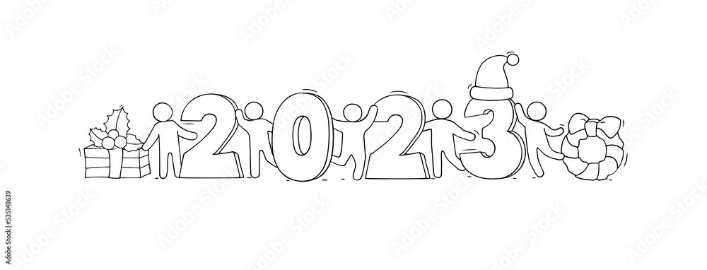 Happy New year 2023 banner with doodle people