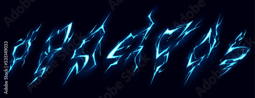 Lightning bolt hit vfx effect. Blue electric or magic thunderbolt strike, impact, crack, wizard energy flash. Powerful electrical discharge, Cartoon vector set isolated on black background