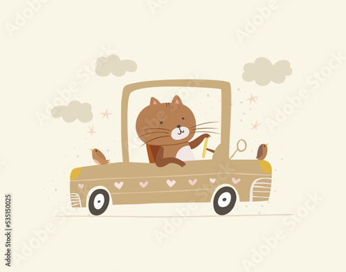 Photography Cute cat driver on car, baby nursery print