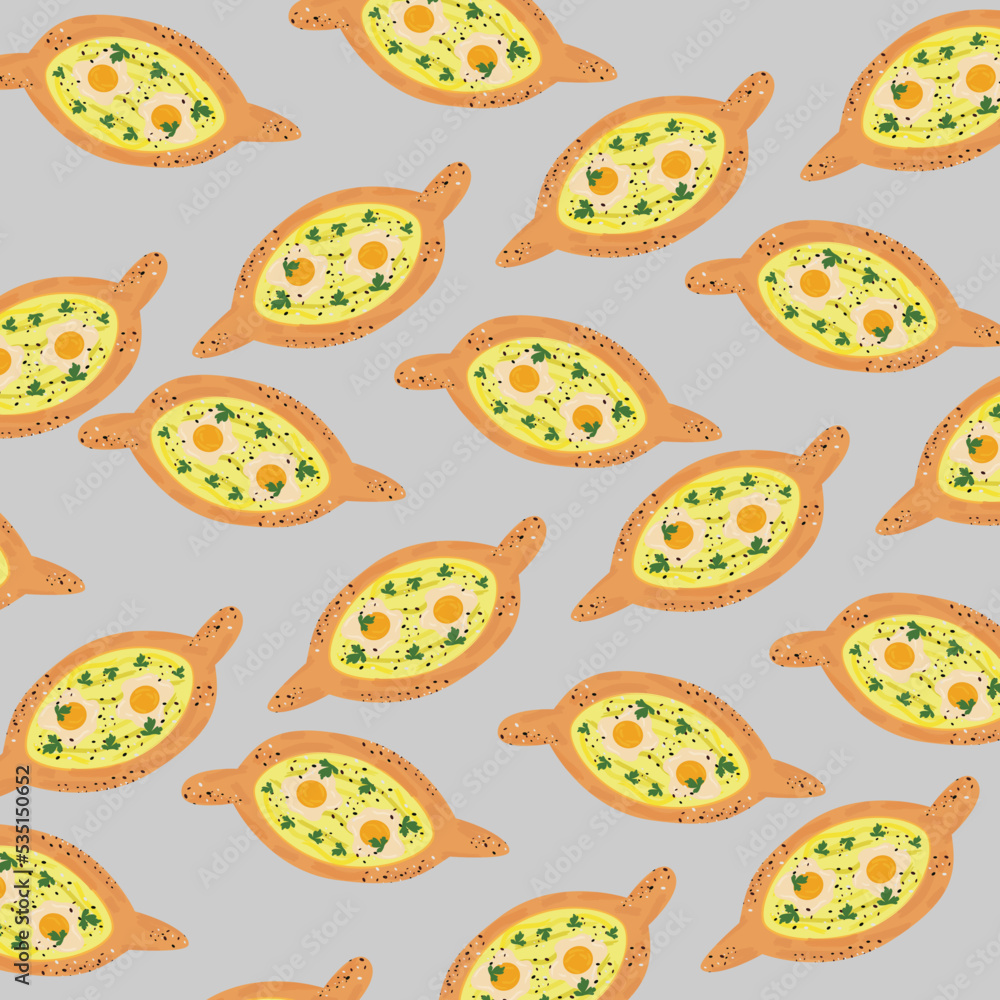 Turkish food of bread, cheese and eggs pattern on gray background. Vector fast food Turkish food of bread, cheese and eggs pattern on gray background. Vector fast food