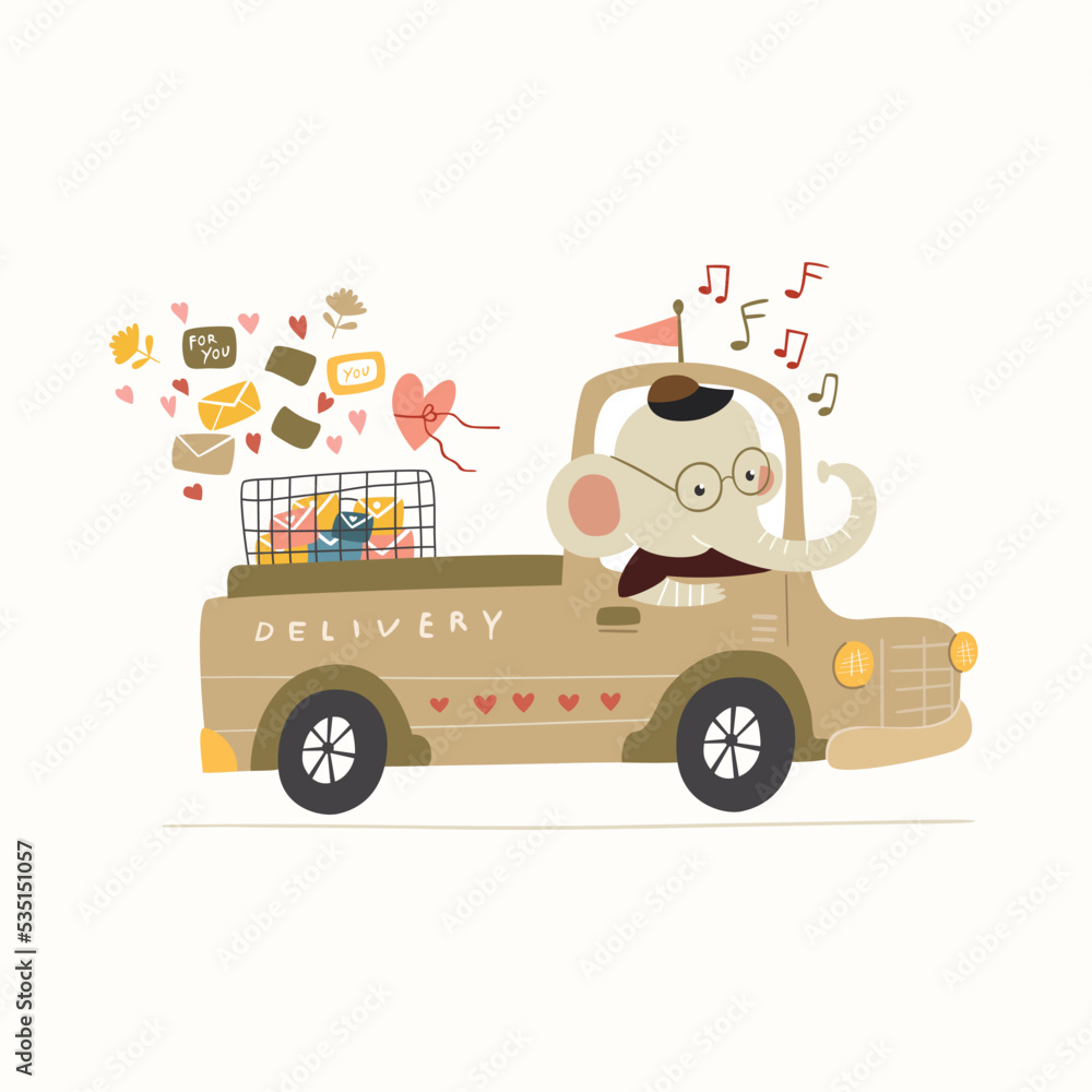 Fototapeta premium Cute elephant drive delivery car