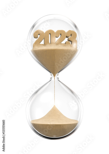 Year 2023 hourglass - 3D illustration of time slipping away like sand