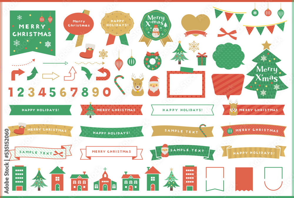 Obraz premium クリスマスのイラストアイコンとフレーム、リボンのデザインセット / オープンパス有り 編集可能 / ベクター,あしらい,吹き出し,シンプル,飾り