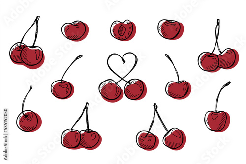Vector set of cherry clipart. Hand drawn berry icon. Fruit illustration. For print, web, design, decor, logo.