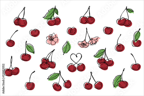 Vector set of cherry clipart. Hand drawn berry icon. Fruit illustration. For print, web, design, decor, logo.