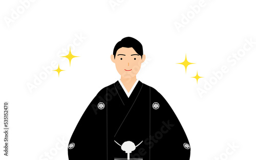 紋付袴の男性（和服姿）、腰に手を当ててポーズを取る（キラキラ付き）