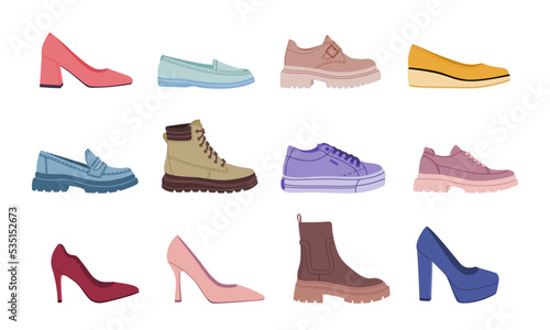 Set of different stylish female shoes and boots. Various types trendy casual and formal footwear. Hand drawn vector illustration isolated on white background. Modern flat cartoon style.