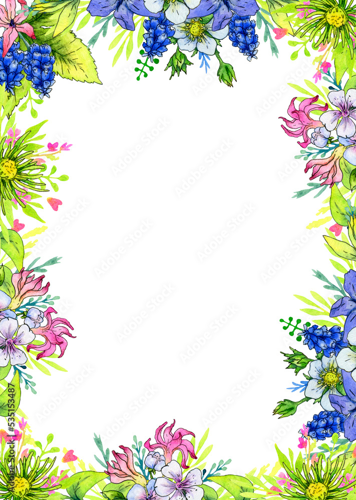 rectangular frame of watercolor flowers and leaves of hyacinth, muscari, periwinkle, bird cherry and wild strawberry on a white background.