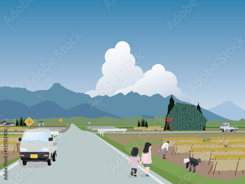 田舎の農村風景と稲刈り