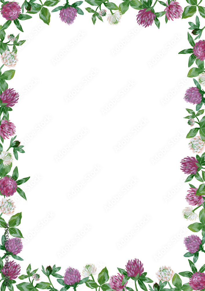 rectangular frame with gouache leaves and clover flowers on a white background.