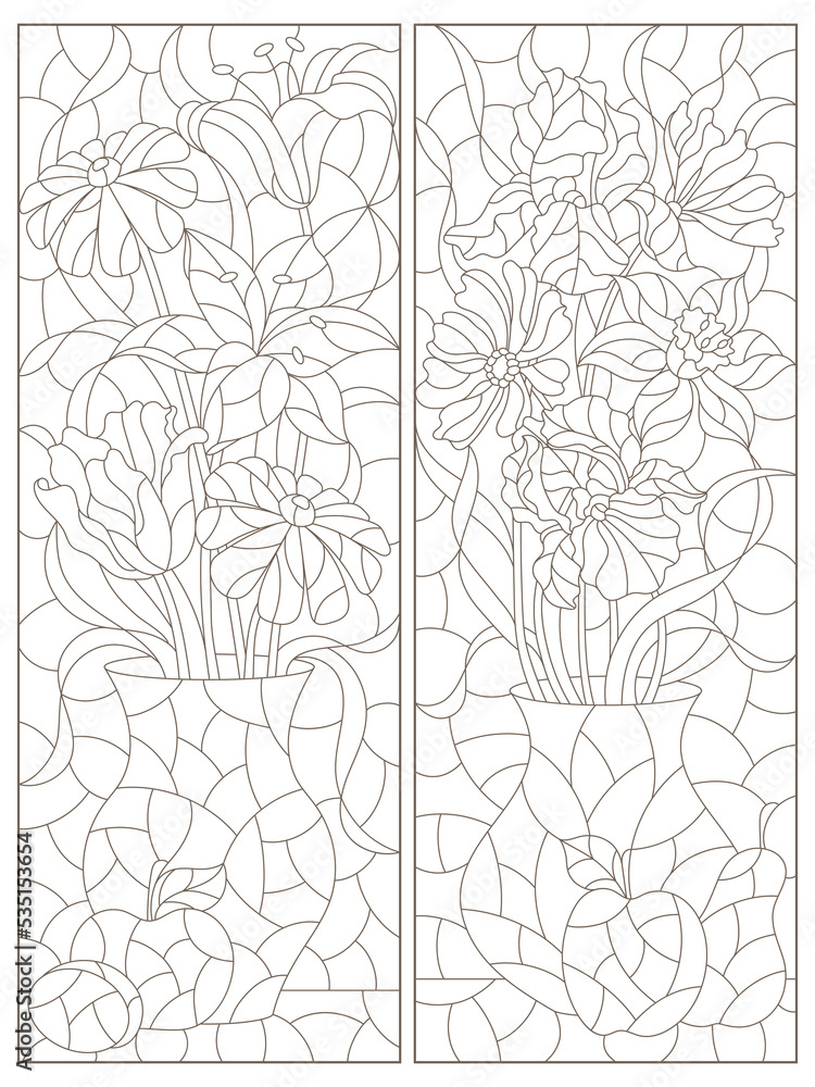 A set of contour illustrations in the style of stained glass with a floral still life, flowers and fruits on a blue background