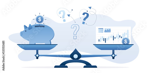 Large scales in balance. Difficult choice between keeping money on deposit or risky investing in stock market. Money management, concept. Financial literacy, retirement savings.