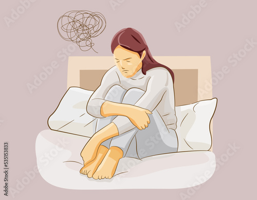 girl felling sad regretting distress alone in bed unable to think clearly