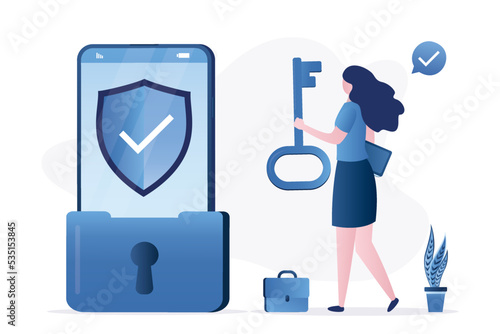 Smartphone is closed in large lock, protection shield on screen. Woman user holds big key. Reliable protection of your mobile phone from viruses, scam and hacking. Cyber security.