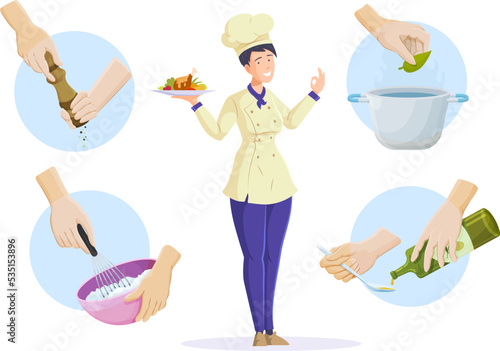 Cheerful female chef character cooking tasty meal set. Professional cook in uniform preparing dishes. Hands of kitchener pour oil, put bay leaf, pepper food