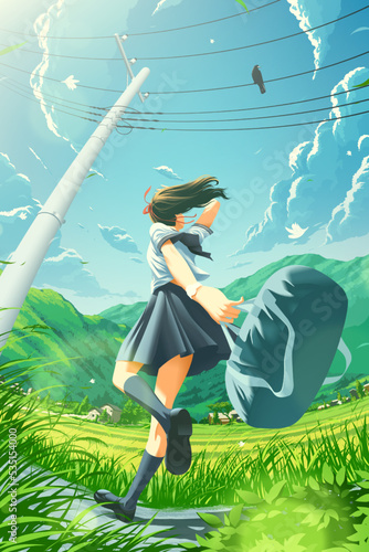 a Japanese school girl running happily home in the countryside and noticing a karasu is perching on the power wire