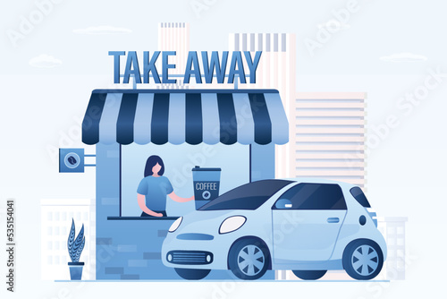 Takeaway food and drink, banner. Modern car near coffee shop kiosk. Fast food technologies. Local, small business. Urban view on background.