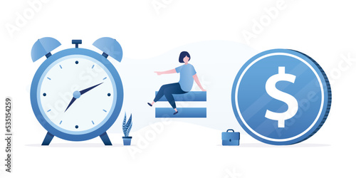 Time value of money, save time, money saving. Time management. Businesswoman sitting on equal sign in the middle between clock and dollar coin. Work efficiency, productivity.