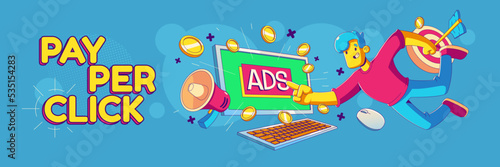 Pay per click banner, ads, ppc business concept with contemporary character clicking on ad link at pc screen. Advertising technology, sponsored media listing, Cartoon linear flat vector illustration