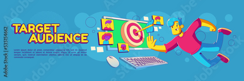 Target audience, seo, customer attraction banner. Internet marketing and digital business content creation. Contemporary character at computer desktop with bullseye, Cartoon linear flat vector concept