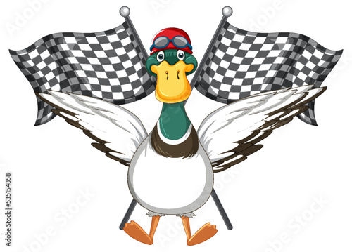 Cartoon duck holding race flag