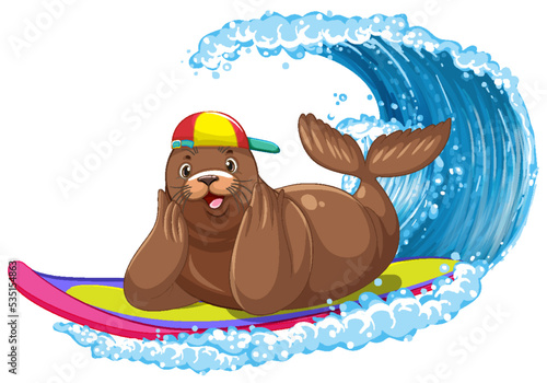 Sea lion on surfboard with water wave