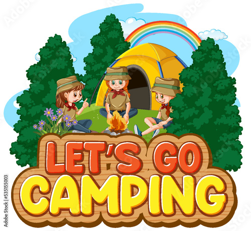 Camping kids and text design for word let's go camping