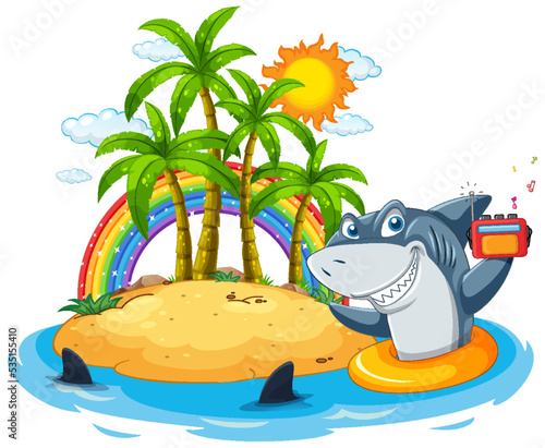 Cute shark listening to radion next to island
