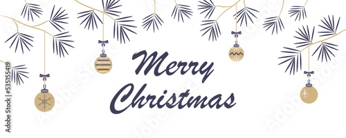 Merry Christmas banner with pine branches and Christmas balls