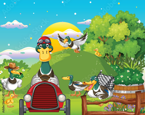 Outdoor scene with cartoon ducks