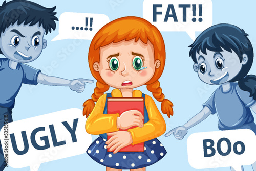 Sad girl surrounded by bullying words