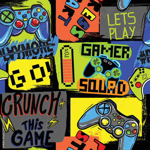 Seamless bright pattern with  joysticks. gaming cool print for boys and girls. Suitable for textiles, sportswear, web
