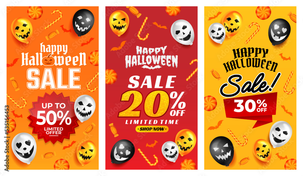 Halloween Sale Promotion with scary balloon and candy vector, happy halloween background for business retail promotion, banner, poster, social media, feed, invitation