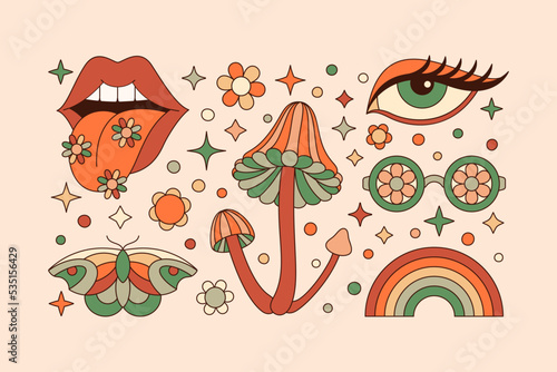 Groovy Elements Set in Retro Hippie Style 70s . Geometric Abstract Vector Stickers: Lips, Butterfly, Daisy, Mushroom