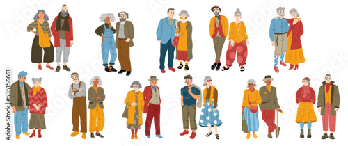 Modern elderly couples, trendy old people set. Male and female characters in fashionable clothes. Isolated stylish senior men or women, elegant aged pensioners, Cartoon linear flat vector illustration