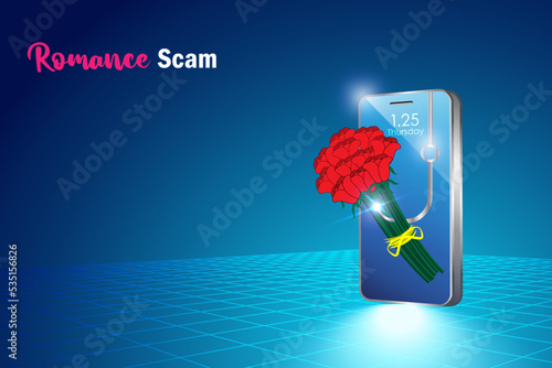 Romance scam, online dating phishing scam. Red roses bouquet with phishing hook on smartphone for woman fraud chatting. Cyber crime and attack on woman.