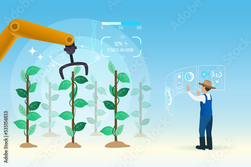 AI in futuristic agriculture. Farmer control robotic hand to provide essential water, fertilization and pest control. Smart agriculture farming technology to provide nutrients for plants.